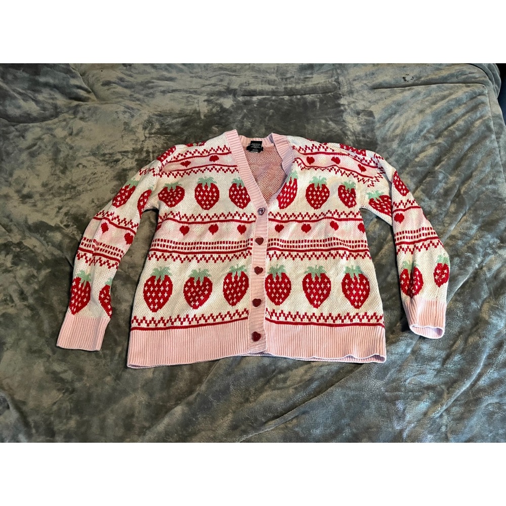 Sweet Society Strawberry Heart Knit Cardigan Pink White Red Fair Isle Sweater L